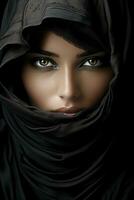 een mooi vrouw in een zwart hoofddoek generatief ai foto