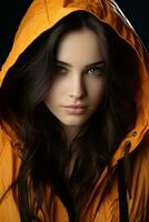 een mooi jong vrouw in een oranje jasje generatief ai foto