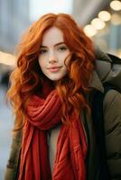 een vrouw met rood haar- en een sjaal generatief ai foto