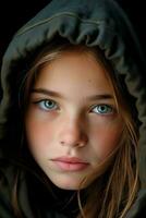 een jong meisje met blauw ogen in een capuchon generatief ai foto