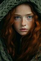 een jong vrouw met rood haar- is verpakt in een deken generatief ai foto