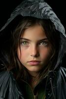 een beeld van een jong meisje in een regen jasje generatief ai foto