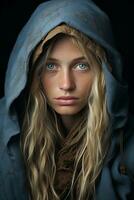 een beeld van een vrouw met lang haar- en blauw ogen foto