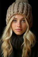 portret van een mooi blond meisje in een gebreid hoed generatief ai foto