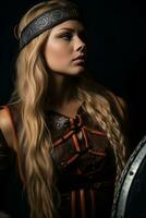 een mooi blond vrouw in een viking kostuum Holding een schild generatief ai foto