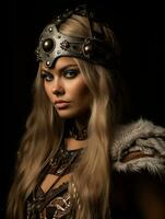 een mooi blond vrouw in een viking kostuum generatief ai foto