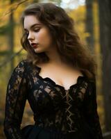 een vrouw in een zwart kant jurk staand in de bossen generatief ai foto