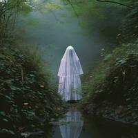 een vrouw in een wit jurk staand in de midden- van een stroom generatief ai foto