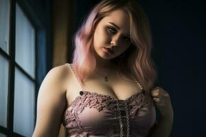 een vrouw met roze haar- poseren in een roze jurk generatief ai foto