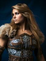 een beeld van een vrouw in een viking kostuum generatief ai foto