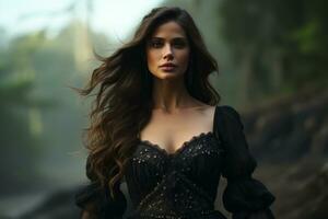 een mooi vrouw in een zwart jurk staand in de bossen generatief ai foto