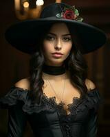een mooi vrouw in een zwart hoed en zwart jurk generatief ai foto