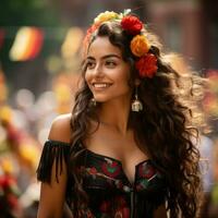 een mooi jong vrouw in een Mexicaans jurk met bloemen in haar haar- generatief ai foto
