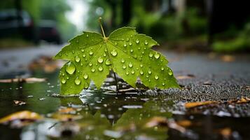 een groen blad met water druppels Aan het zit in een plas generatief ai foto