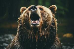 een grizzly beer is brullen in de regen generatief ai foto