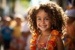 een weinig meisje met gekruld haar- vervelend een oranje bloem slinger generatief ai foto