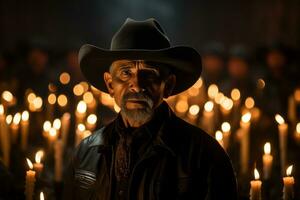 een Mens in een cowboy hoed staand in voorkant van een groep van kaarsen generatief ai foto