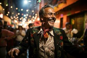 een Mens in een Mexicaans kostuum is lachend in de straat generatief ai foto