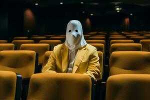 een Mens in een geel pak zit in een leeg auditorium generatief ai foto