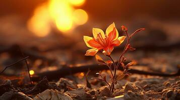 een single oranje bloem in de midden- van een veld- generatief ai foto