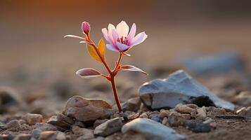 een klein roze bloem is groeit uit van de grond generatief ai foto
