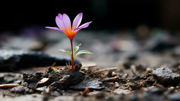 een klein Purper bloem is groeit uit van de grond generatief ai foto