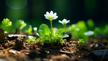 een klein wit bloem is groeit uit van de grond generatief ai foto