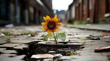 een zonnebloem groeit uit van een barst in een geplaveide straat generatief ai foto