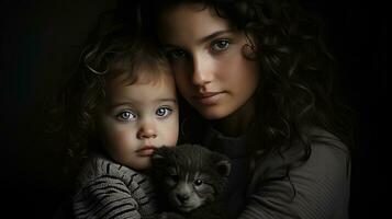 een vrouw Holding een kind met blauw ogen generatief ai foto