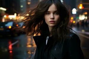 een vrouw in een zwart jasje staand in de midden- van een stad straat Bij nacht generatief ai foto