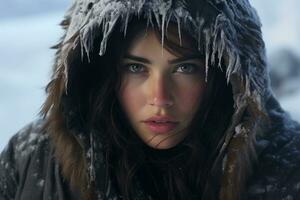 een vrouw in een winter jas met ijspegels Aan haar gezicht generatief ai foto