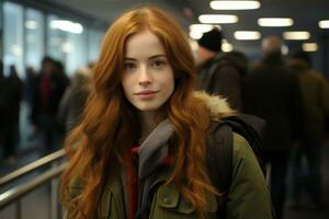 een vrouw met lang rood haar- staand in een luchthaven foto