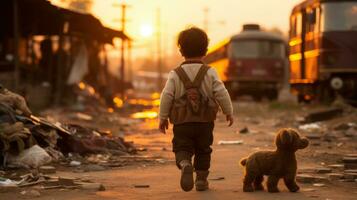 een jong jongen wandelen met een teddy beer Aan een aarde weg generatief ai foto