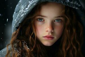 een jong meisje met blauw ogen in de sneeuw generatief ai foto