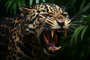 een boos jaguar met haar mond Open in de oerwoud generatief ai foto