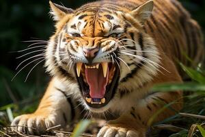 een boos tijger met haar mond Open generatief ai foto
