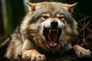 een boos wolf met haar mond Open in de bossen generatief ai foto