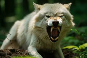een boos wit wolf met haar mond Open in de bossen generatief ai foto
