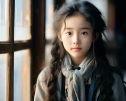 een Aziatisch meisje met lang haar- en een sjaal generatief ai foto