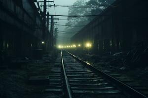 een leeg trein bijhouden in de midden- van een mistig nacht generatief ai foto