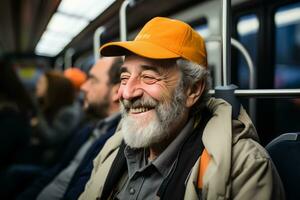 een ouder Mens vervelend een oranje hoed Aan een trein generatief ai foto