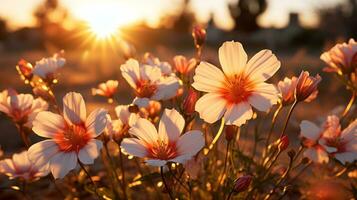 kosmos bloemen Bij zonsondergang generatief ai foto