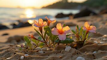 bloemen Aan de strand Bij zonsondergang generatief ai foto