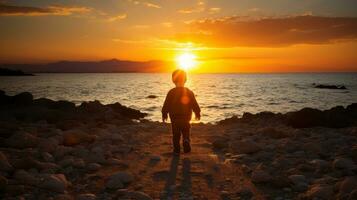 silhouet van een Mens staand Aan een rotsachtig strand met de zon instelling in de achtergrond generatief ai foto