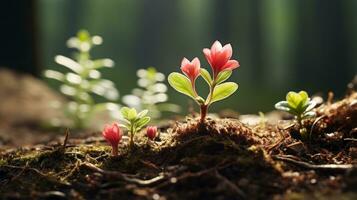 klein planten groeit uit van de grond in een Woud generatief ai foto