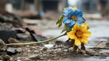 twee blauw en geel bloemen zitten Aan de grond in voorkant van een stapel van puin generatief ai foto