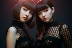 twee jong Dames met zwart haar- poseren voor de camera generatief ai foto