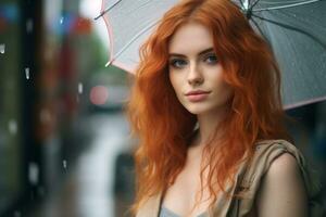 een mooi rood haren vrouw met een paraplu generatief ai foto
