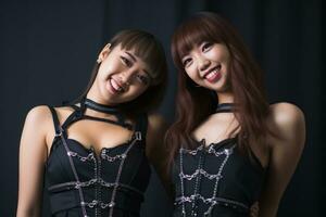 twee Aziatisch Dames in zwart korsetten poseren voor de camera generatief ai foto