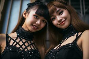 twee Aziatisch Dames in zwart outfits poseren voor de camera generatief ai foto